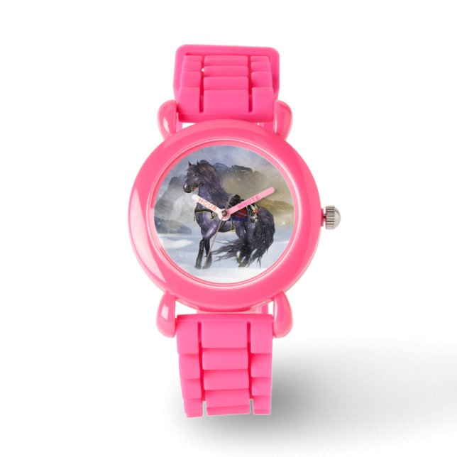 Winter Horse Kid's Glitter Watch, Pink Glitter Watch (Front)