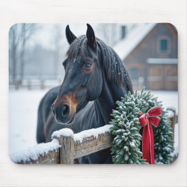 Winter Horse With Christmas Wreath Mouse Pad (Front)
