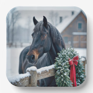 Winter Horse With Christmas Wreath Paper Plate