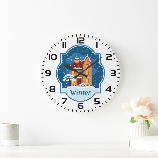 Winter House In The Snow Large Clock (Creator Uploaded)