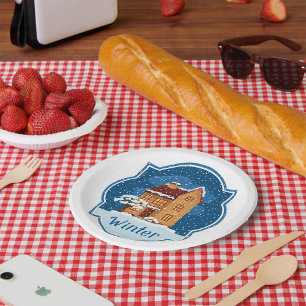 Winter House In The Snow Paper Plate