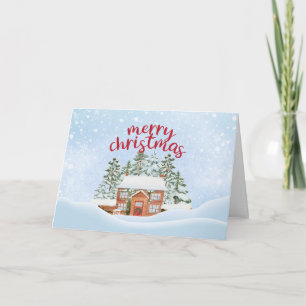Winter House Snowy Merry Christmas Holiday Card