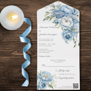 Winter Ice Blue Flowers on White QR Code  All In One Invitation