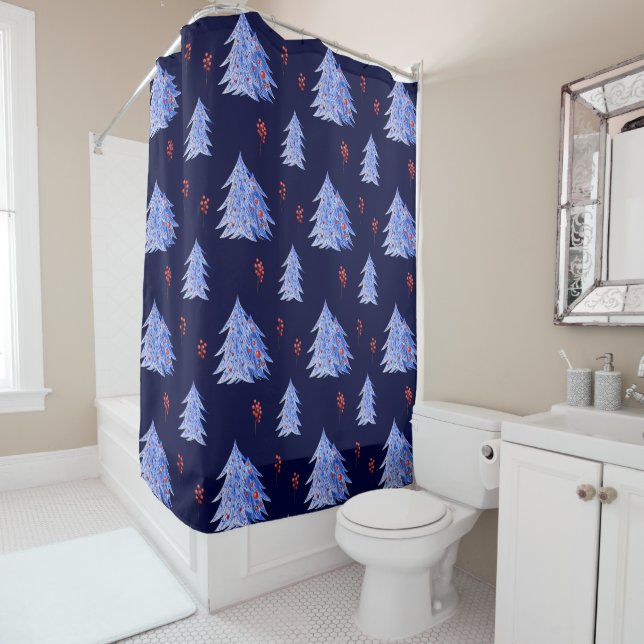Winter Ice Blue Tree Holly Berries Navy Christmas Shower Curtain (In Situ)