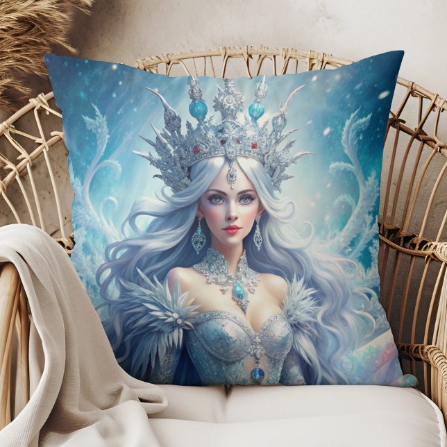 Winter Ice Queen Fantasy Art Throw Pillow (Winter Ice Queen Fantasy Art Throw Pillow in a boho rattan armchair.)