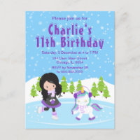 Winter Ice Skating Birthday Black Hair Girl Postca