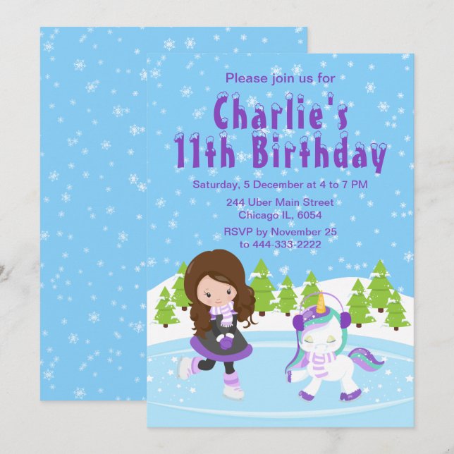 Winter Ice Skating Birthday Brown Hair Girl Invita Invitation (Front/Back)