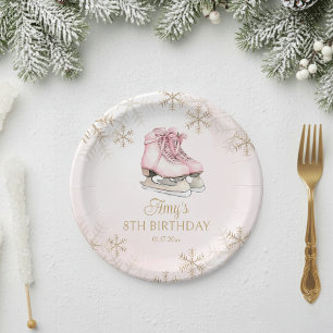 Winter Ice Skating Birthday Gold Glitter Snowflake Paper Plate