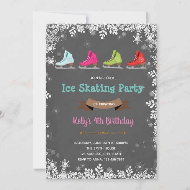 Winter ice Skating birthday party invitation (Front)