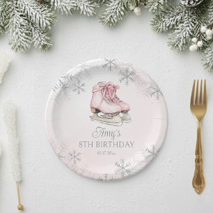 Winter Ice Skating Birthday Pink Silver Snowflakes Paper Plate