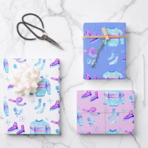 Winter Ice Skating Cosy Watercolor Holiday Gift   Wrapping Paper Sheet
