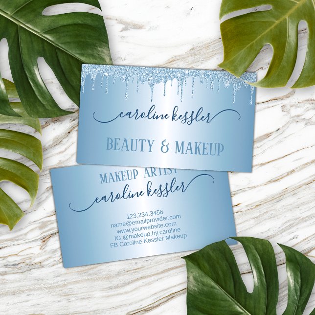 Winter Ice Sky Blue Silver Glitter Sparkles Drip Business Card (Creator Uploaded)