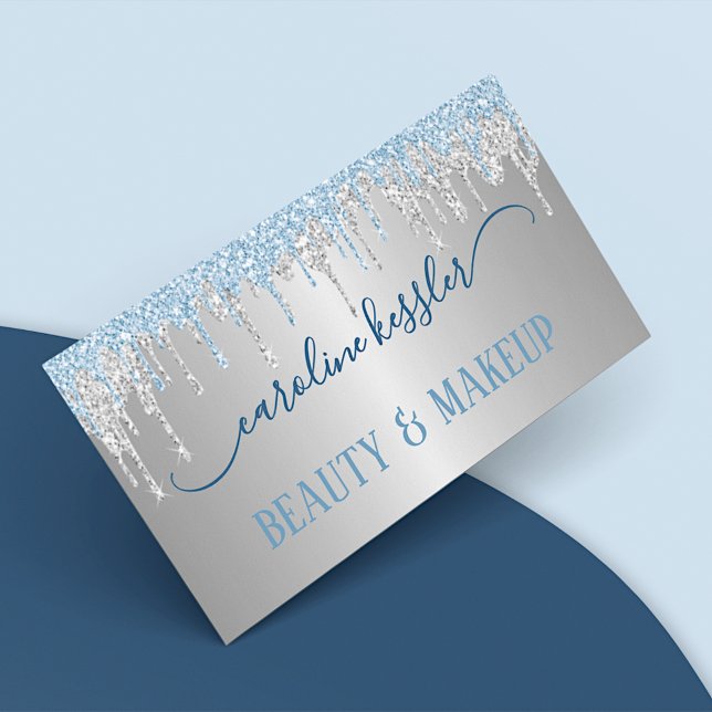 Winter Ice Sky Blue Silver Glitter Sparkles Drip Business Card (Creator Uploaded)