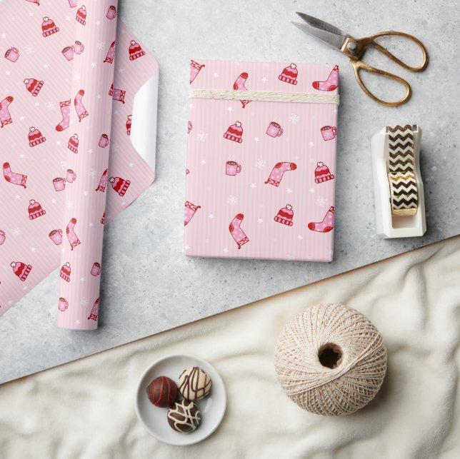 Winter icons - cozy Pink and Red Christmas Pattern Wrapping Paper (Crafts)