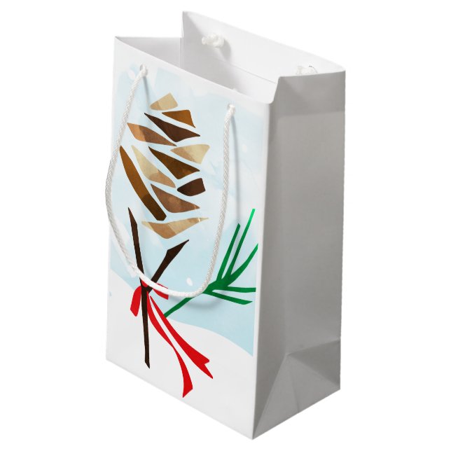 Winter Illustrated Pine Cone Snowy Christmas Small Gift Bag (Back Angled)