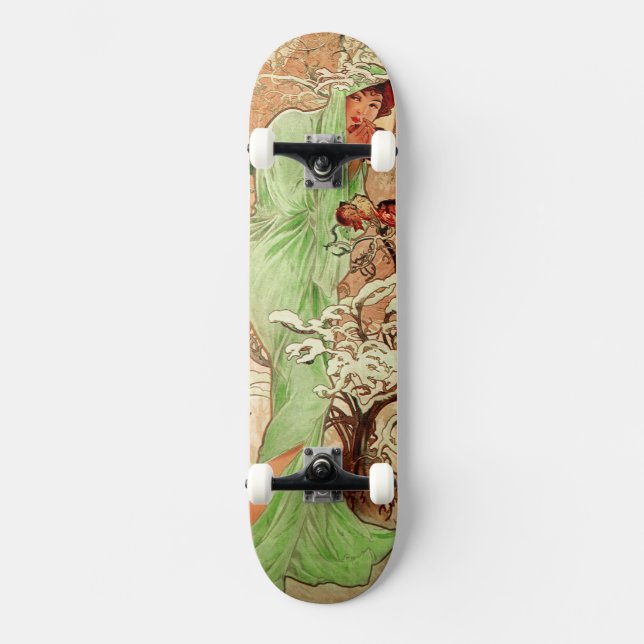 Winter In A Green Cape by Alphonse Mucha Skateboard (Front)