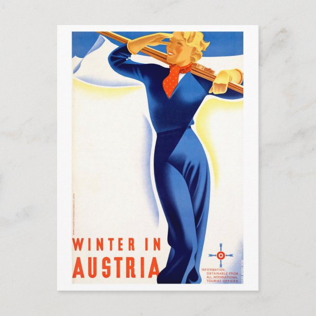 Winter in Austria, skiing girl, vintage travel Postcard (Front)