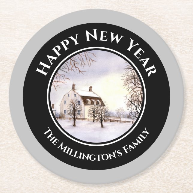 Winter in New England Christmas Black Grey Circle Round Paper Coaster (Front)