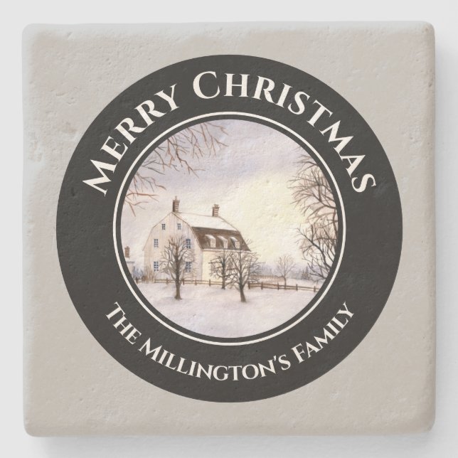 Winter in New England Christmas Black Grey Circle Stone Coaster (Front)