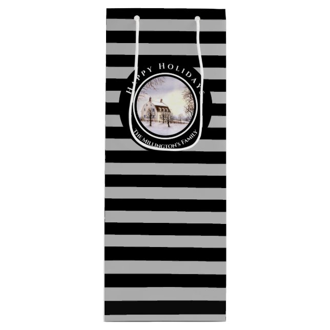 Winter in New England Christmas Black Grey Circle Wine Gift Bag (Front)