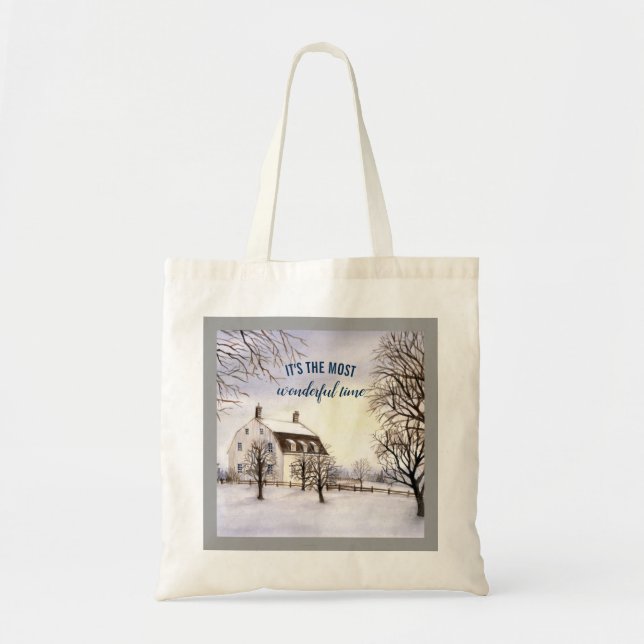 Winter in New England Watercolor Painting Tote Bag (Front)