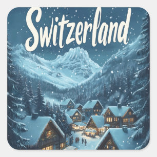 Winter in Switzerland: Mountain Village Scene Square Sticker