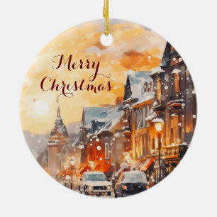 Winter in the City Watercolor Holiday Art Ceramic Tree Decoration