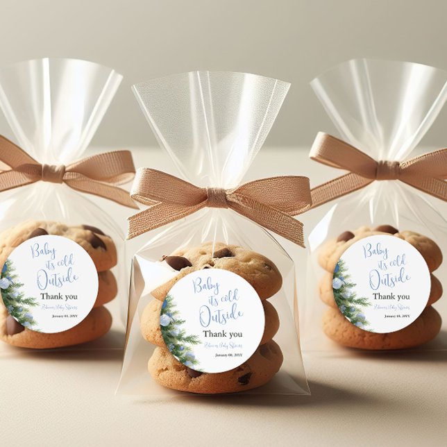 Winter It's Cold Outside Blue Bow Baby Shower Classic Round Sticker (Creator Uploaded)