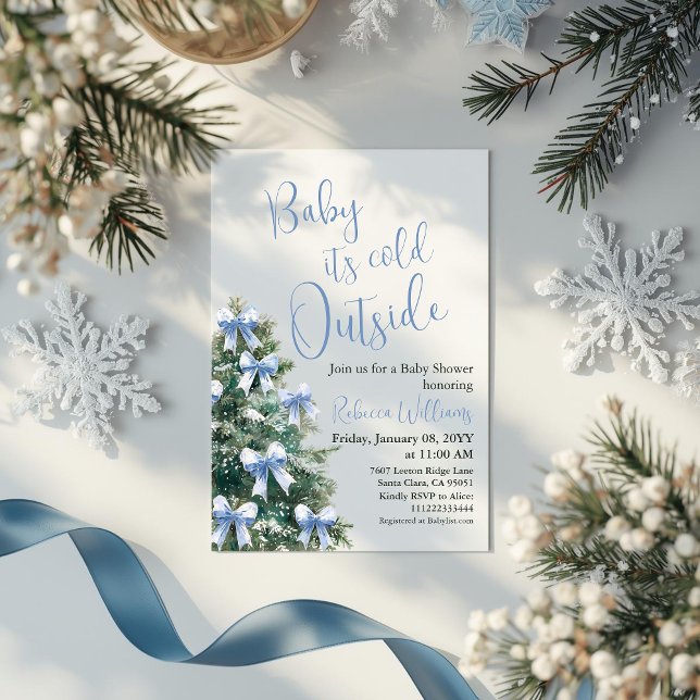 Winter It's Cold Outside Blue Bow Baby Shower Invitation (Creator Uploaded)