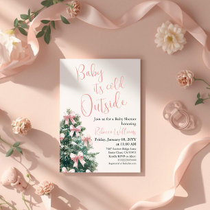 Winter It's Cold Outside Pink Bow Girl Baby Shower Invitation
