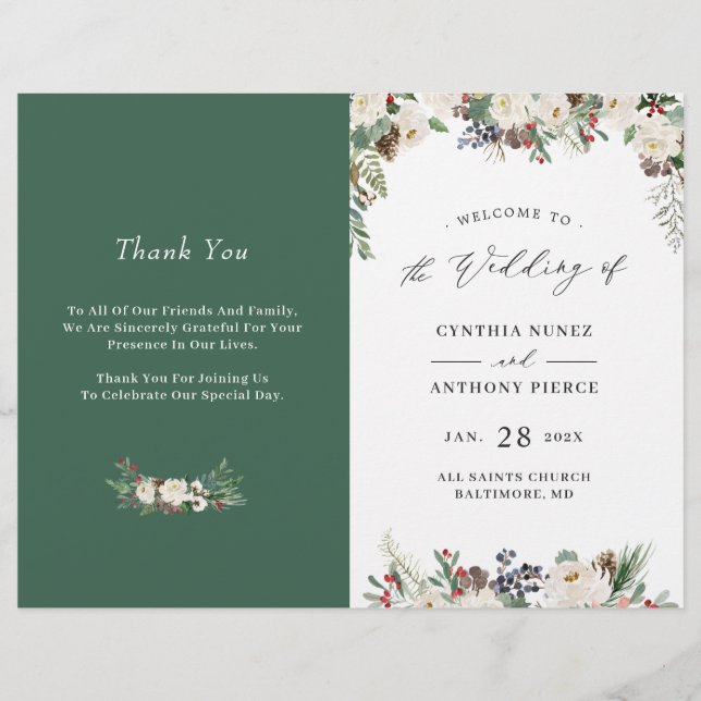 Winter Ivory Flowers DIY Folded Wedding Program (Front)
