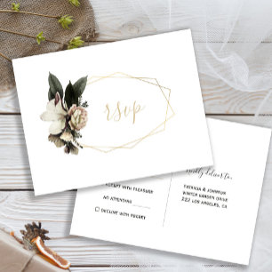 Winter ivory flowers gold geometric frame rsvp invitation postcard