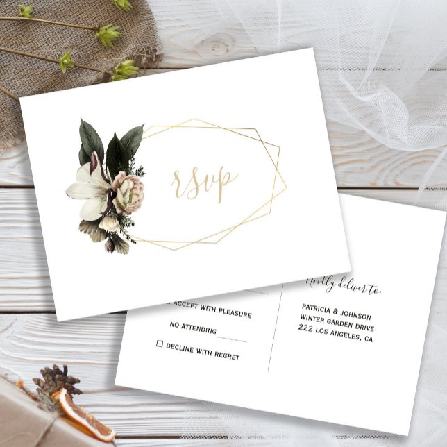 Winter ivory flowers gold geometric frame rsvp invitation postcard (Creator Uploaded)