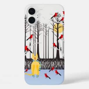 Winter Joy - Cat with scarf Birch Trees Cardinals iPhone 16 Plus Case