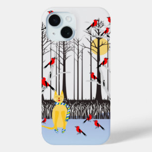Winter Joy - Cat with scarf Birch Trees Cardinals iPhone 15 Case