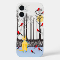 Winter Joy - Cat with scarf Birch Trees Cardinals