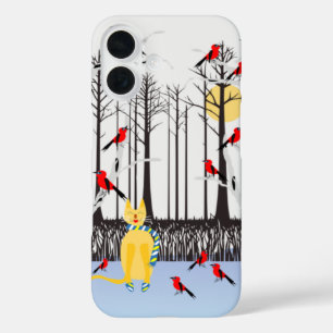 Winter Joy - Cat with scarf Birch Trees Cardinals iPhone 16 Case