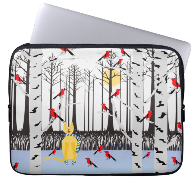 Winter Joy - Cat with scarf Birch Trees Cardinals Laptop Sleeve (Front)