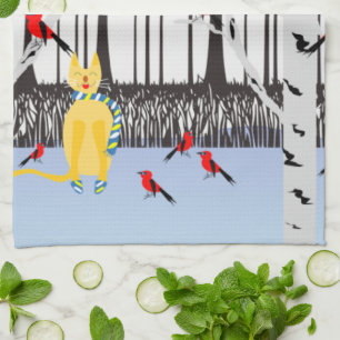 Winter Joy - Cat with scarf Birch Trees Cardinals Tea Towel