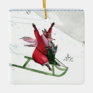 Winter Joy Fox Rabbit Tobogganing Holiday  Ceramic Ornament