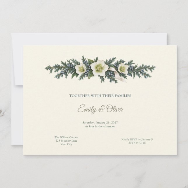 Winter Juniper Hellebore Wedding Invitation (Front)