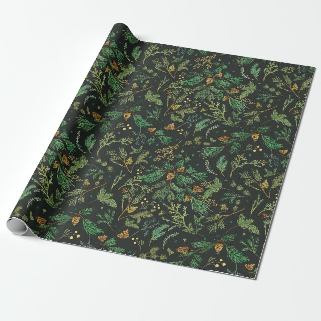 Winter Juniper Pine Gift Wrap on Black Background (Unrolled)