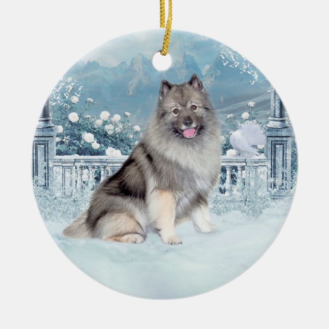 Winter Keeshond Christmas Ceramic Tree Decoration (Front)