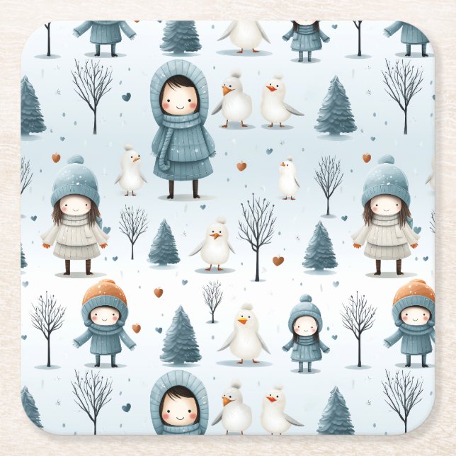 Winter Kids Playing Square Paper Coaster (Front)