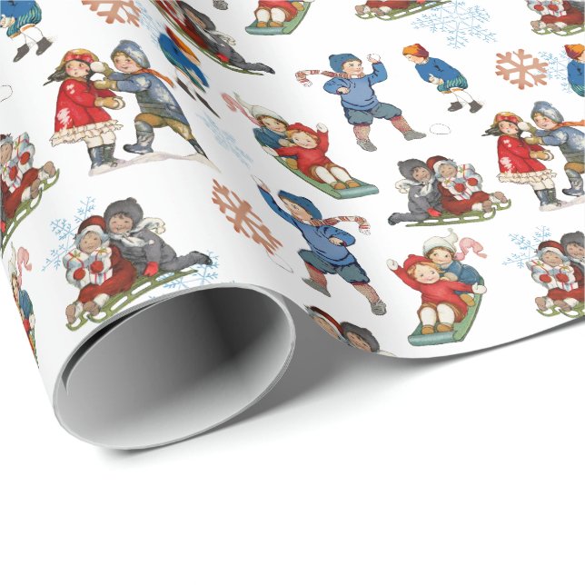 Winter Kids Sled Snowball Fight Snow Fun Holiday Wrapping Paper (Roll Corner)