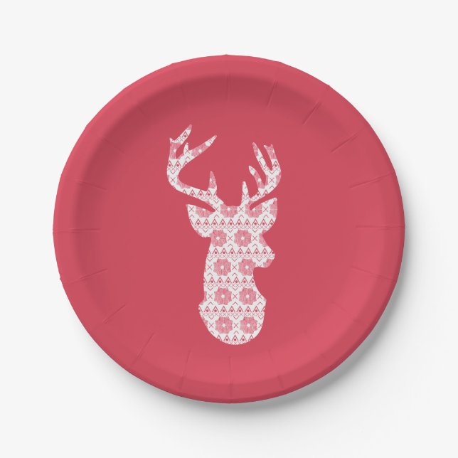 Winter Knit Christmas Reindeer Paper Plates (Front)