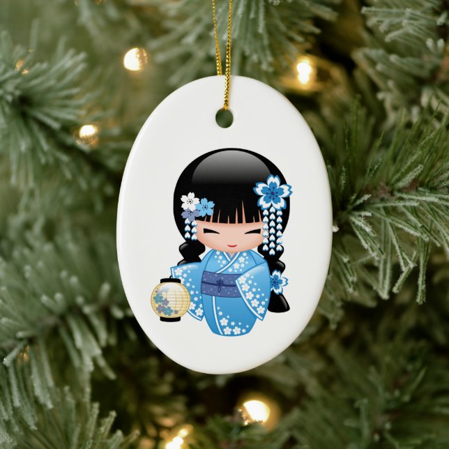 Winter Kokeshi Doll - Blue Kimono Geisha Girl Ceramic Tree Decoration (Tree)