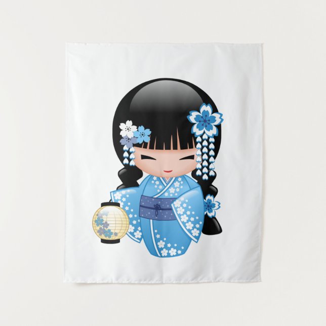 Winter Kokeshi Doll - Blue Kimono Geisha Girl Tapestry (Front)
