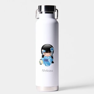 Winter Kokeshi Doll - Blue Kimono Geisha Girl Water Bottle
