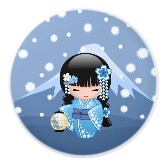 Winter Kokeshi Doll - Blue Mountain Geisha Girl Ceramic Knob (Front)